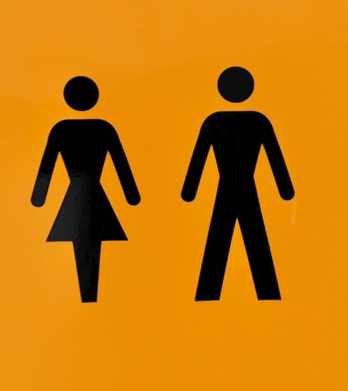 a yellow sign with a picture of a man and a woman